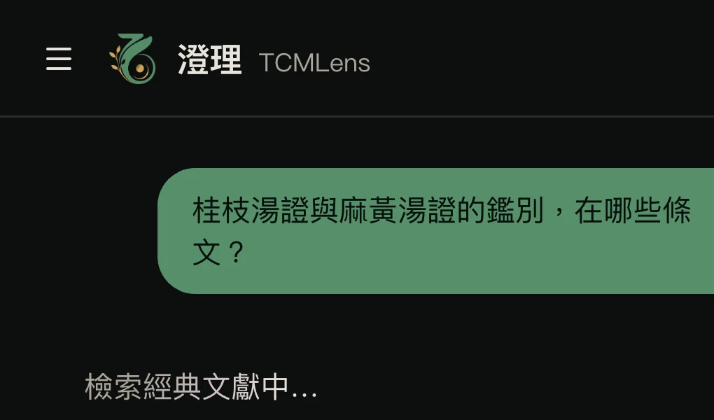 TCMLens 工作檯正在檢索,畫面顯示「檢索經典文獻中…」的處理階段。