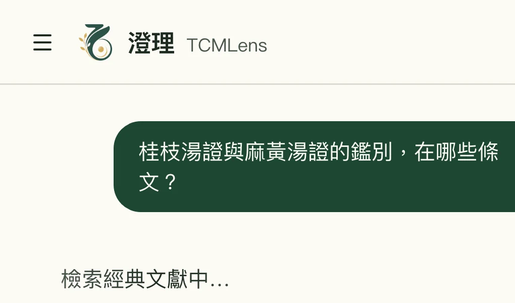 TCMLens 工作檯正在檢索,畫面顯示「檢索經典文獻中…」的處理階段。