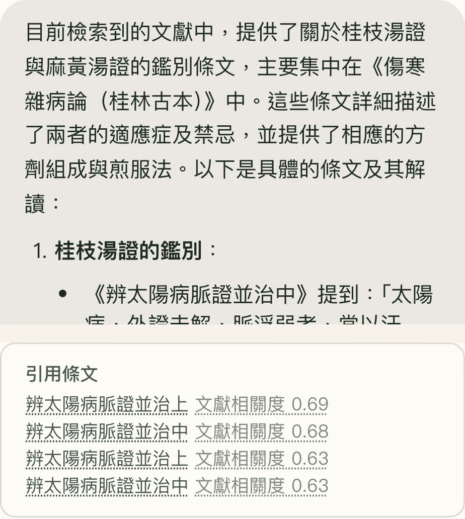 TCMLens 的回答引用《傷寒雜病論》條文,下方列出引用條文與文獻相關度。